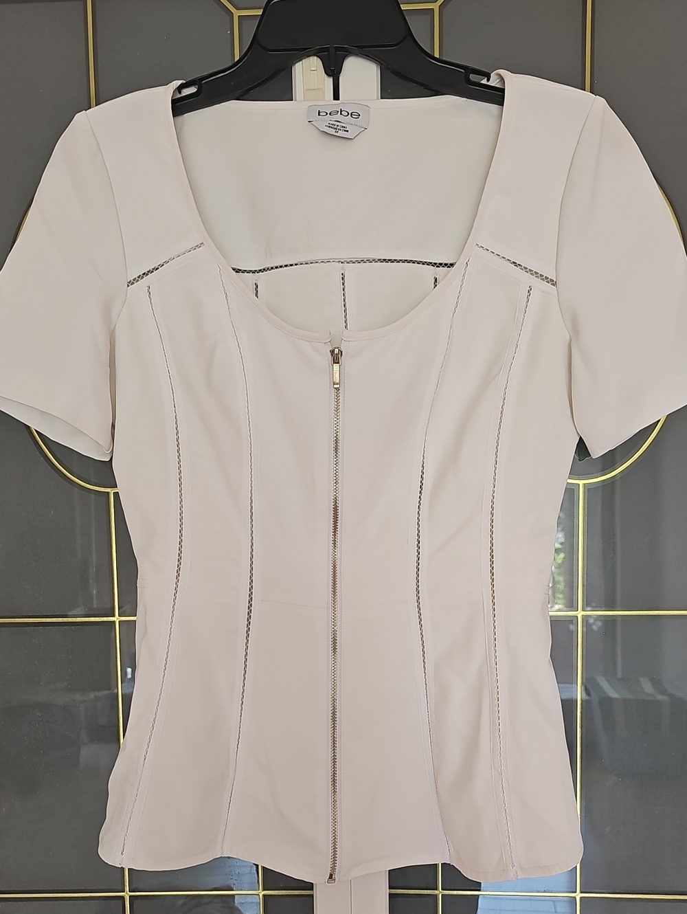bebe Ivory Zip-Front Short Sleeve Top